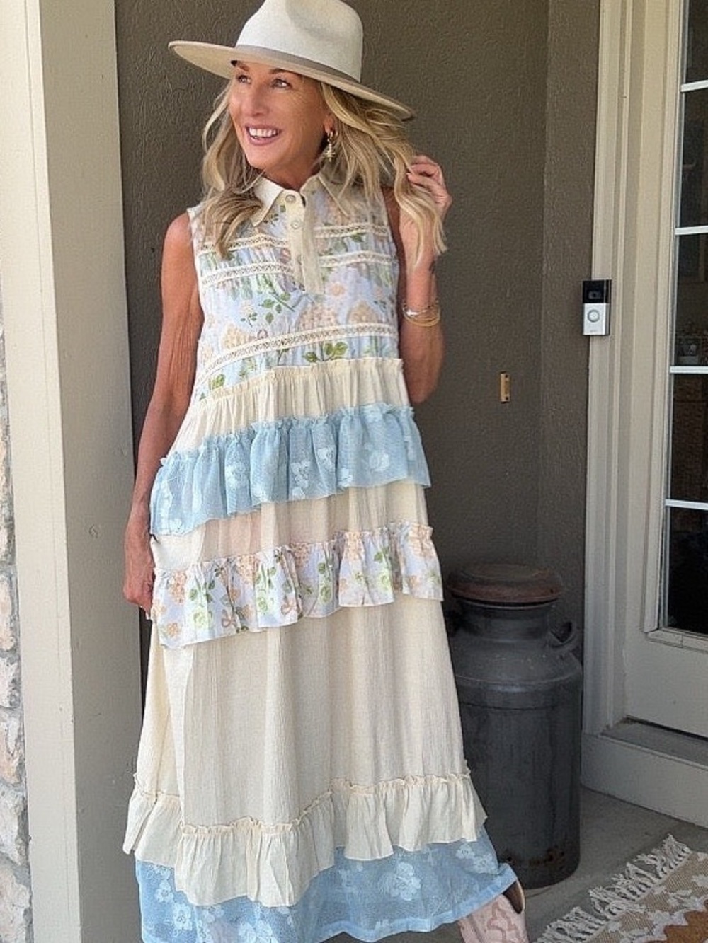 POL Buttercream and  Bluebells Sleeveless Cream Maxi Dress